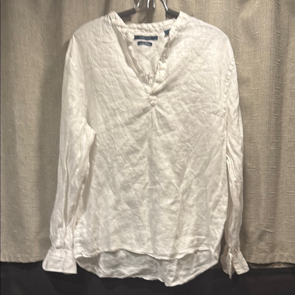 Perry Ellis White Relaxed Long Sleeve Mandarin Collar Blouse Linen
